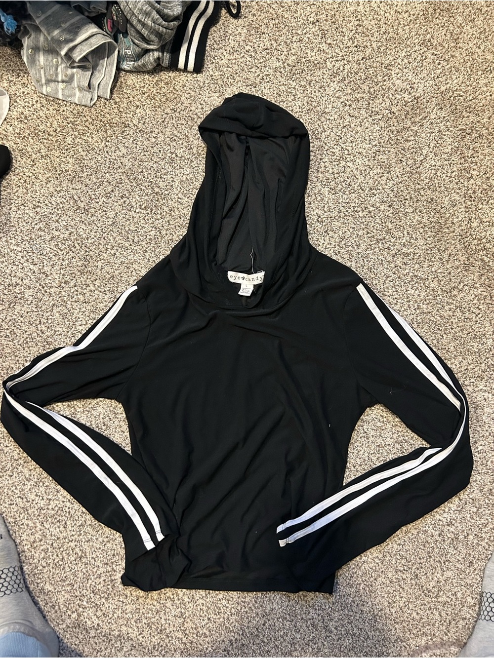 eye candy Black Hooded Long Sleeve Top with White Sleeve Stripes kids large